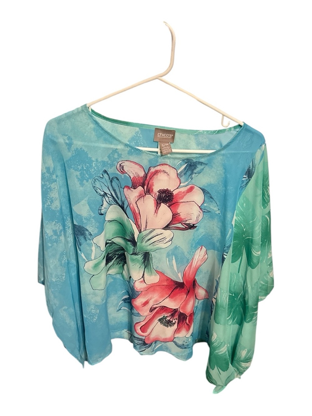 Chico's Aqua Blue Floral Boatneck Scoop Top